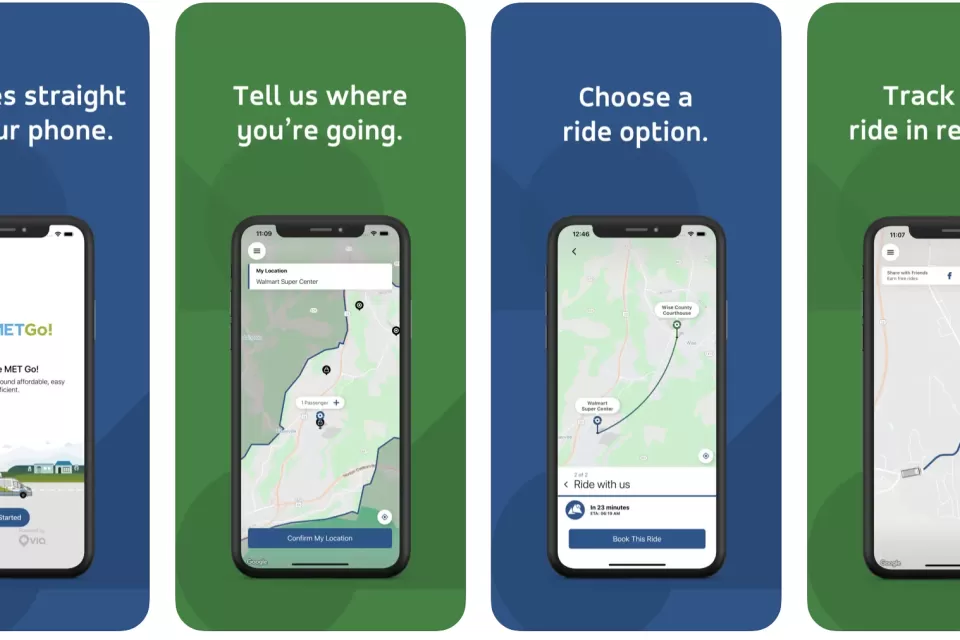 A collection of screengrabs showing the uses of the Met-Go on-demand transit app.